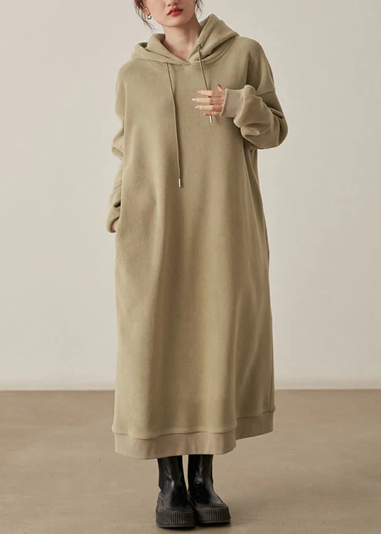 Loose Khaki Hooded Pockets Woolen Long Dresses Fall - Image 3