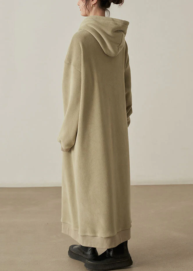 Loose Khaki Hooded Pockets Woolen Long Dresses Fall - Image 5