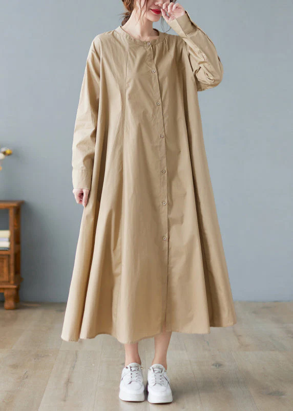 Loose Khaki O-Neck Button wrinkled Pocket Shirt Dresses Long Sleeve - Image 2