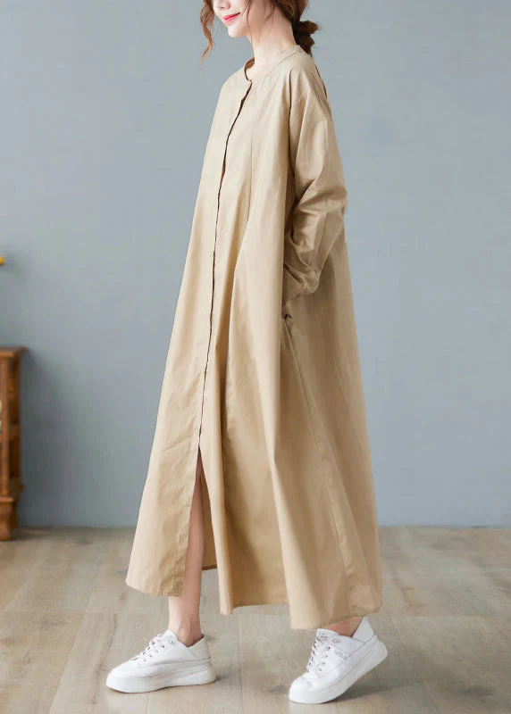 Loose Khaki O-Neck Button wrinkled Pocket Shirt Dresses Long Sleeve - Image 4