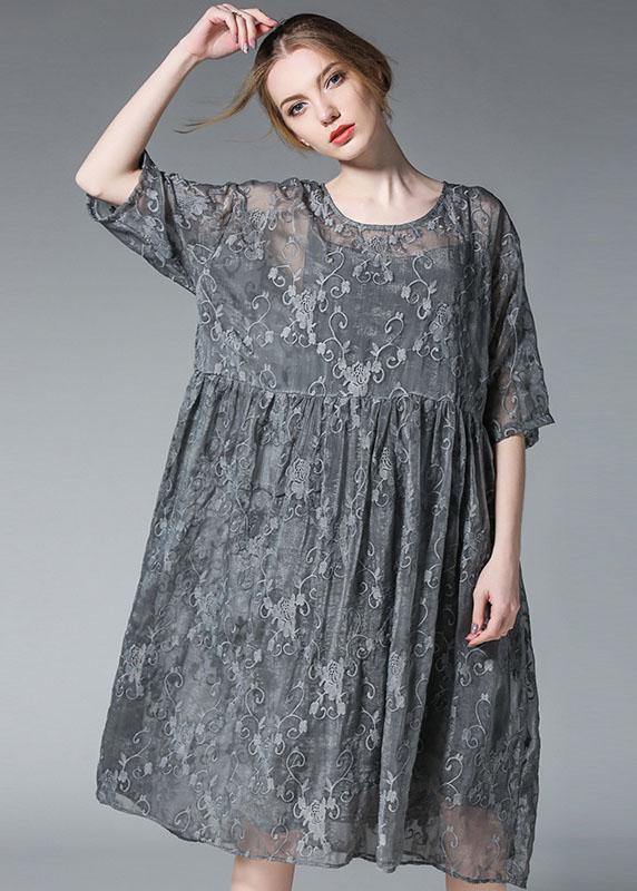 Loose Khaki O-Neck Patchwork Summer  Dress Half Sleeve - Image 2
