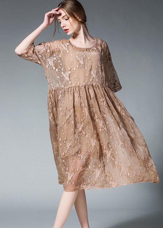 Loose Khaki O-Neck Patchwork Summer  Dress Half Sleeve - Image 3
