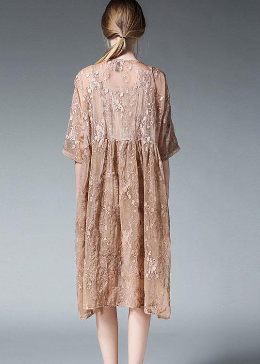 Loose Khaki O-Neck Patchwork Summer  Dress Half Sleeve - Image 4