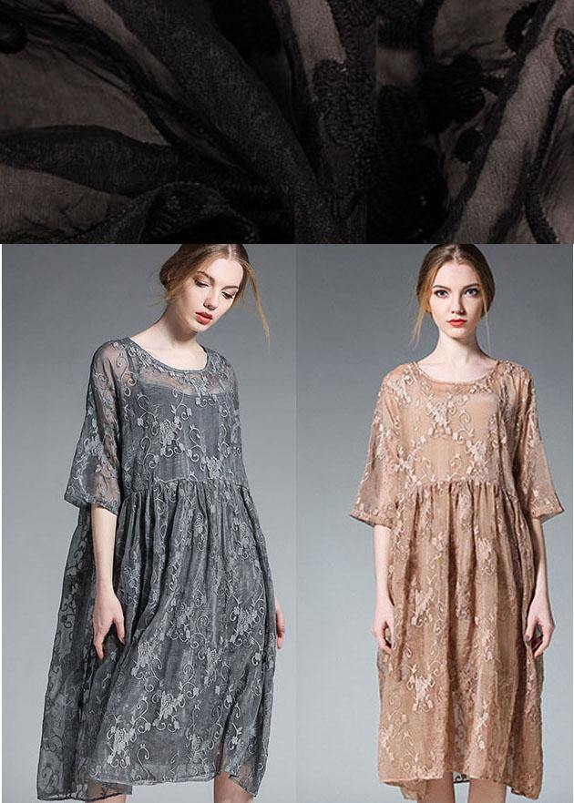 Loose Khaki O-Neck Patchwork Summer  Dress Half Sleeve - Image 5