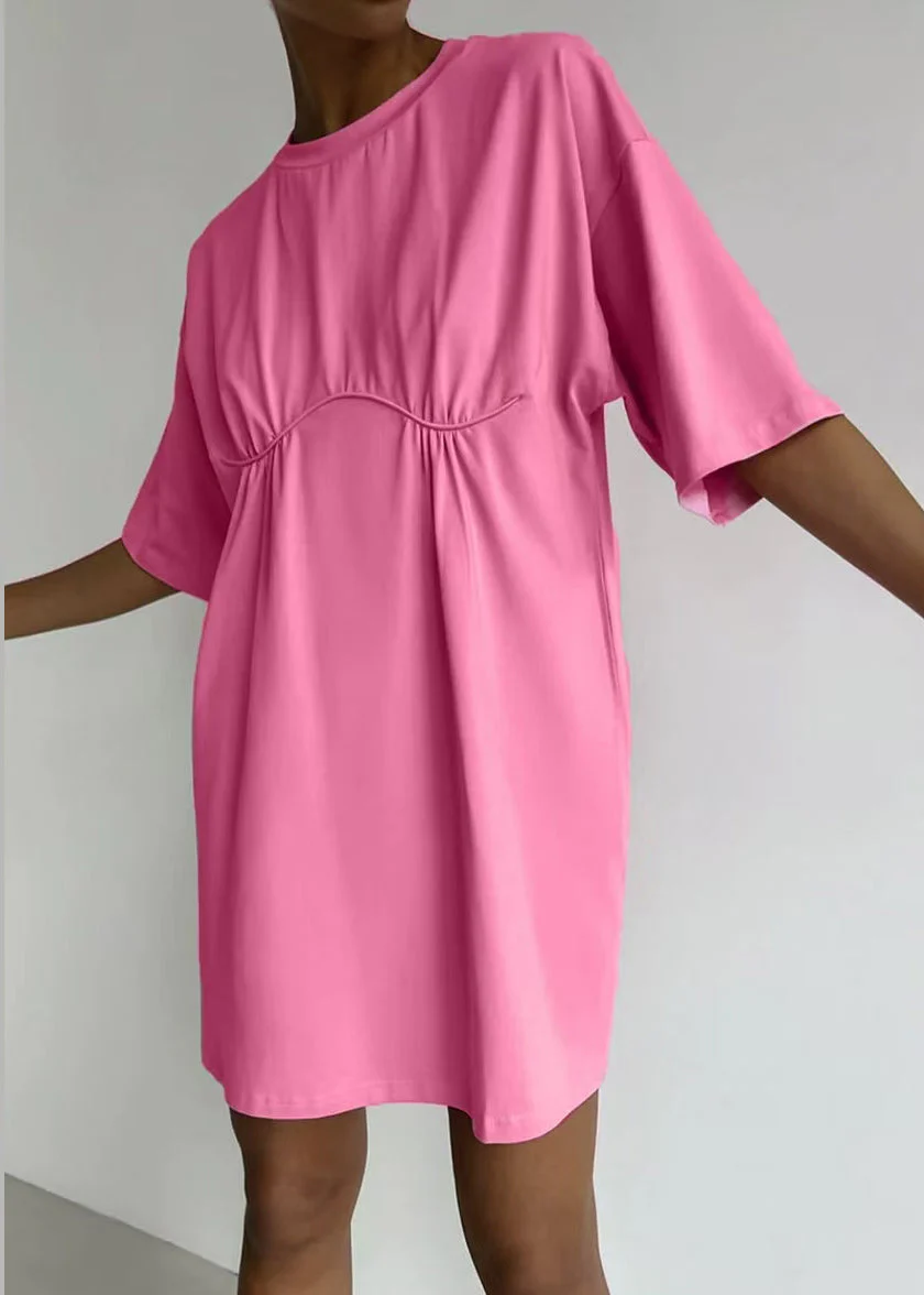 Loose Khaki O Neck Solid Cotton Mid Dress Summer - Image 3