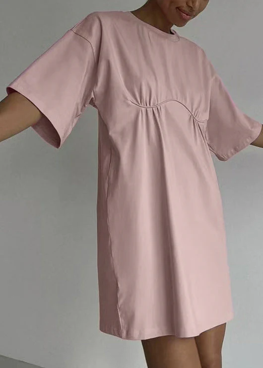 Loose Khaki O Neck Solid Cotton Mid Dress Summer - Image 4