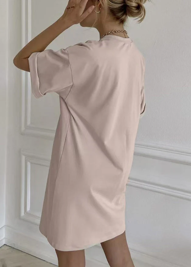 Loose Khaki O Neck Solid Cotton Mid Dress Summer - Image 5
