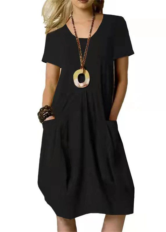 Loose Khaki O-Neck Wrinkled Solid Linen Long Dresses Short Sleeve - Image 2