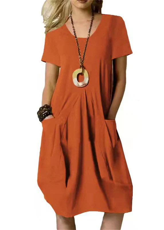 Loose Khaki O-Neck Wrinkled Solid Linen Long Dresses Short Sleeve - Image 3