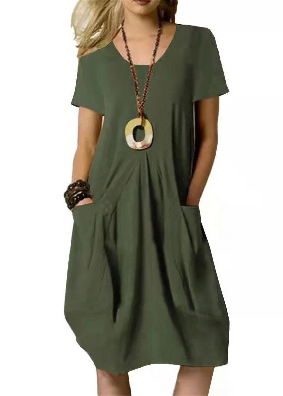 Loose Khaki O-Neck Wrinkled Solid Linen Long Dresses Short Sleeve - Image 4