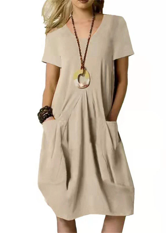 Loose Khaki O-Neck Wrinkled Solid Linen Long Dresses Short Sleeve - Image 5