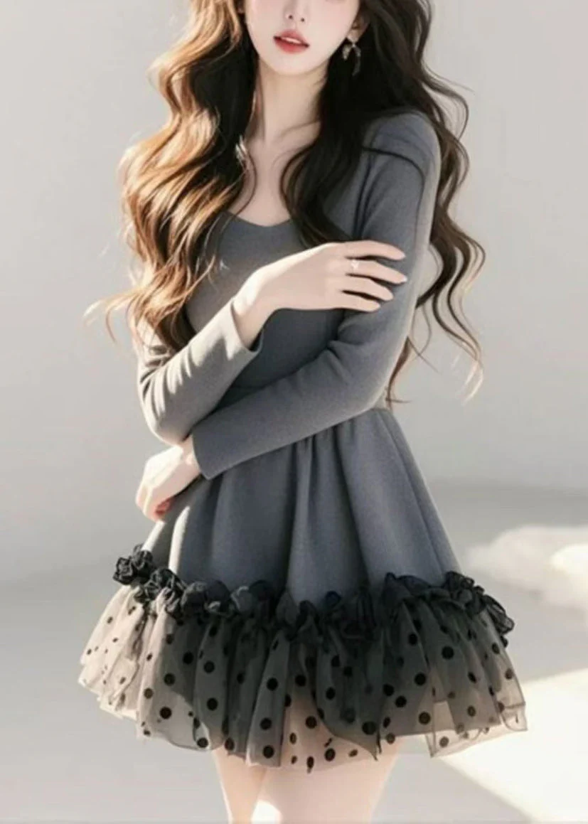 Loose Khaki Ruffled Dot Tulle Patchwork Mid Dress Spring - Image 3