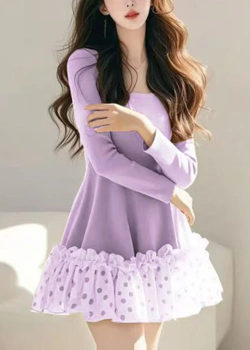 Loose Khaki Ruffled Dot Tulle Patchwork Mid Dress Spring - Image 4