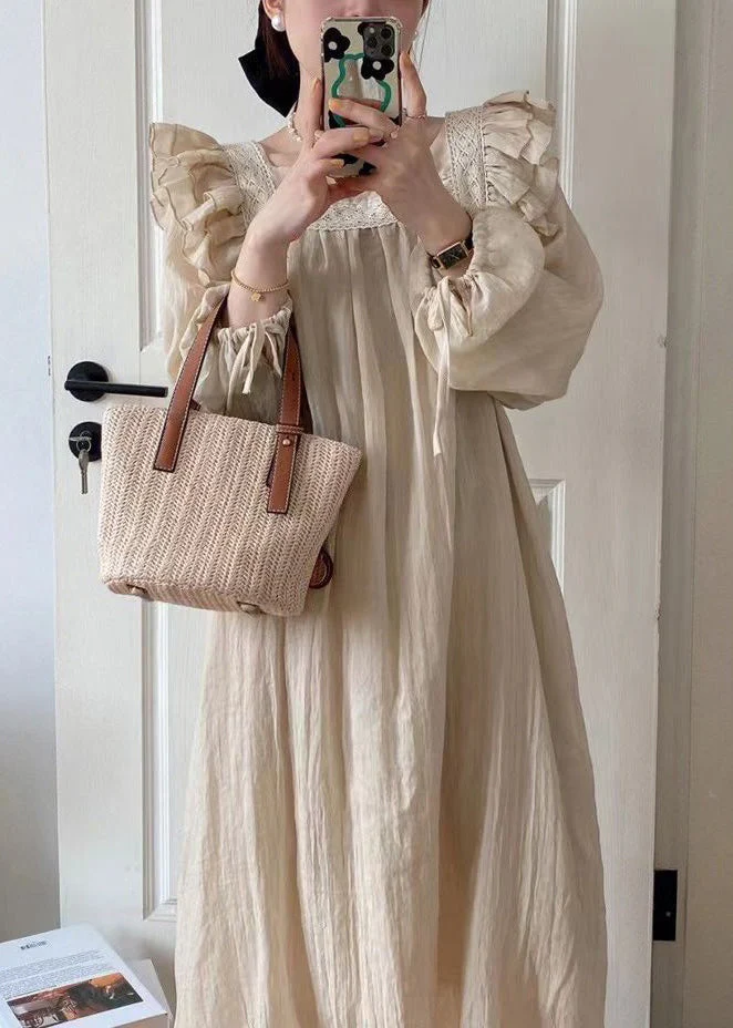 Loose Khaki Ruffled Lace Up Cotton Pajamas Dresses Spring - Image 5