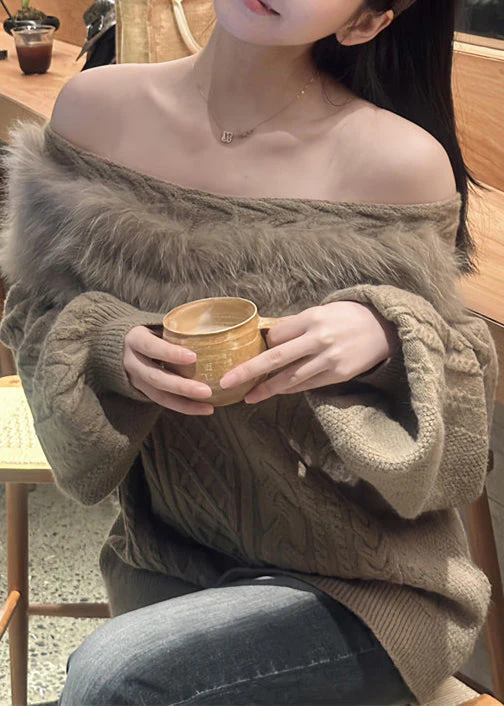 Loose Khaki Slash Neck Fluffy Patchwork Knit Cable Sweater Winter - Image 2