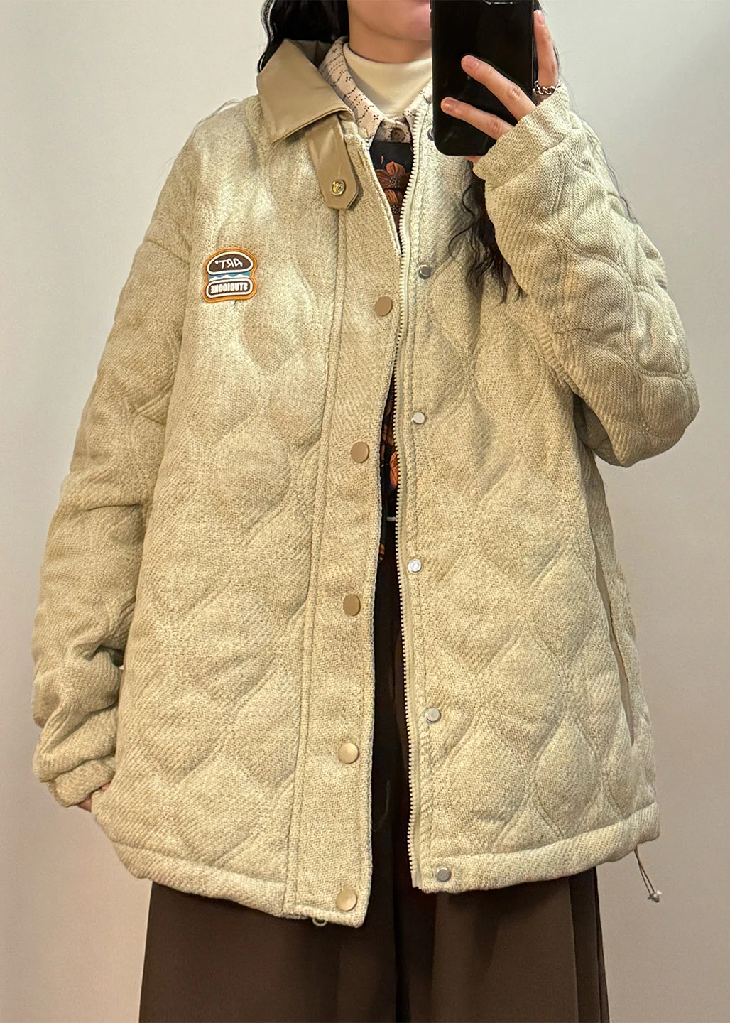 Loose Light Beige Peter Pan Collar Drawstring Faux Leather Patchwork Coat Winter - Image 2