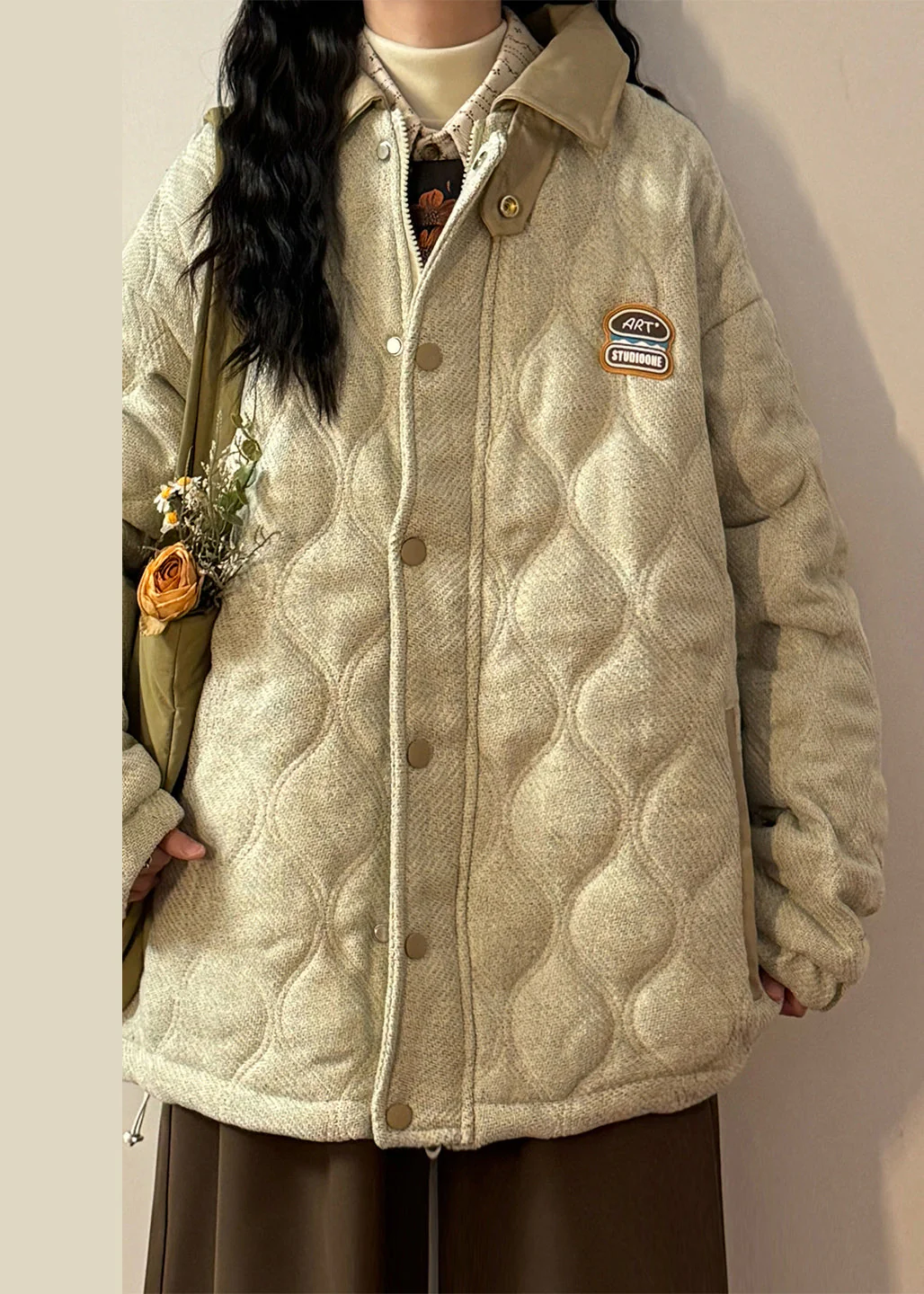 Loose Light Beige Peter Pan Collar Drawstring Faux Leather Patchwork Coat Winter - Image 3