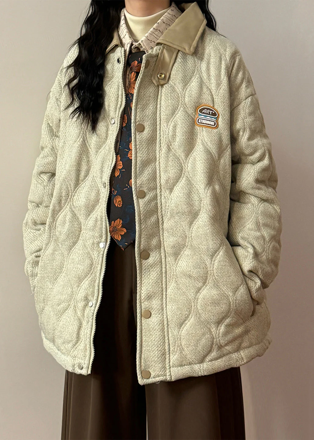 Loose Light Beige Peter Pan Collar Drawstring Faux Leather Patchwork Coat Winter - Image 4