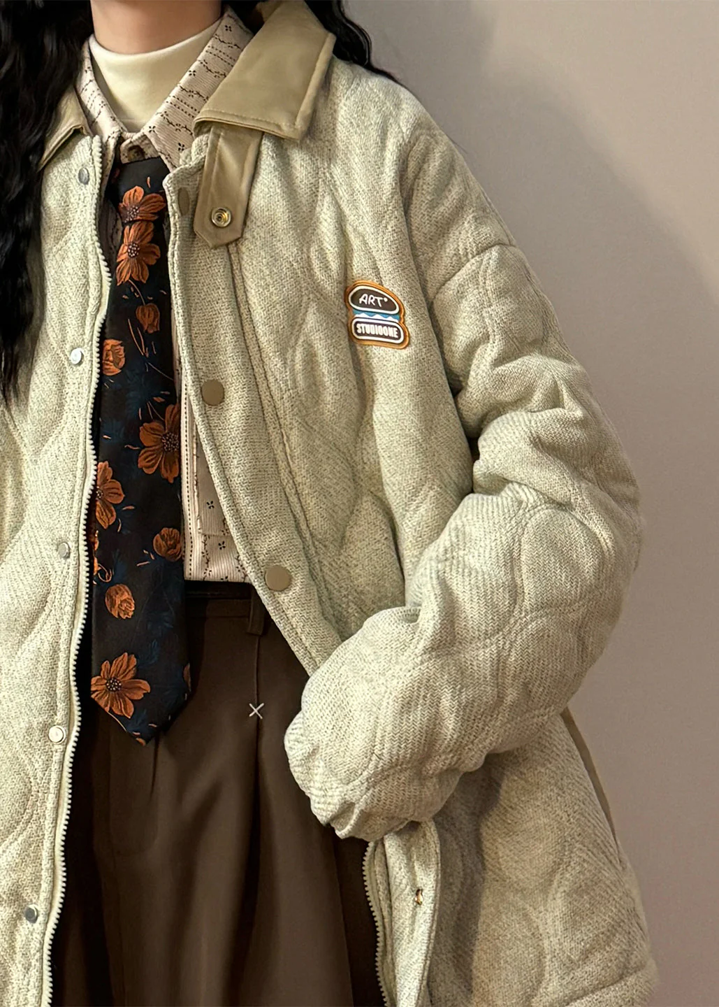 Loose Light Beige Peter Pan Collar Drawstring Faux Leather Patchwork Coat Winter - Image 5