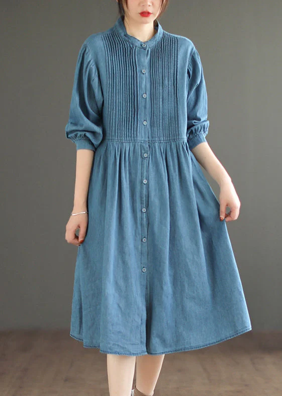 Loose Light Blue Wrinkled Button Denim Shirt Dress Spring - Image 2