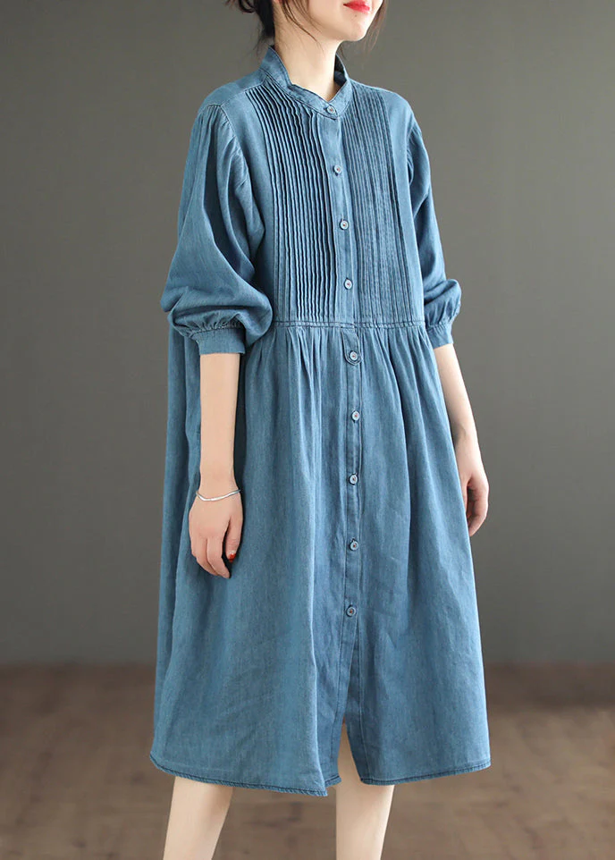 Loose Light Blue Wrinkled Button Denim Shirt Dress Spring - Image 3