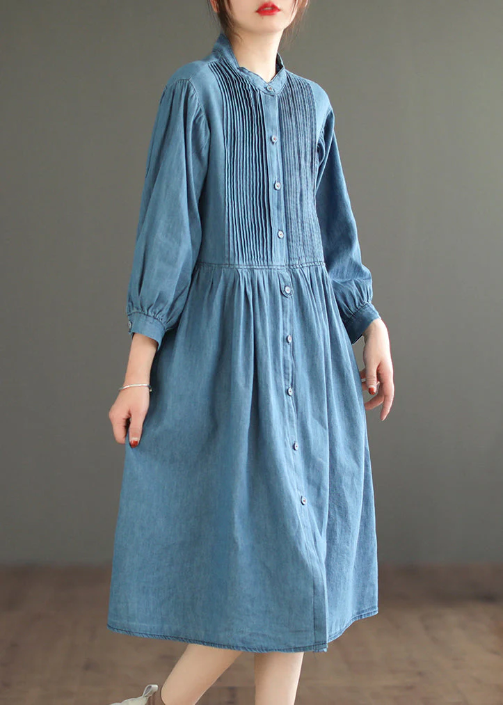 Loose Light Blue Wrinkled Button Denim Shirt Dress Spring - Image 4
