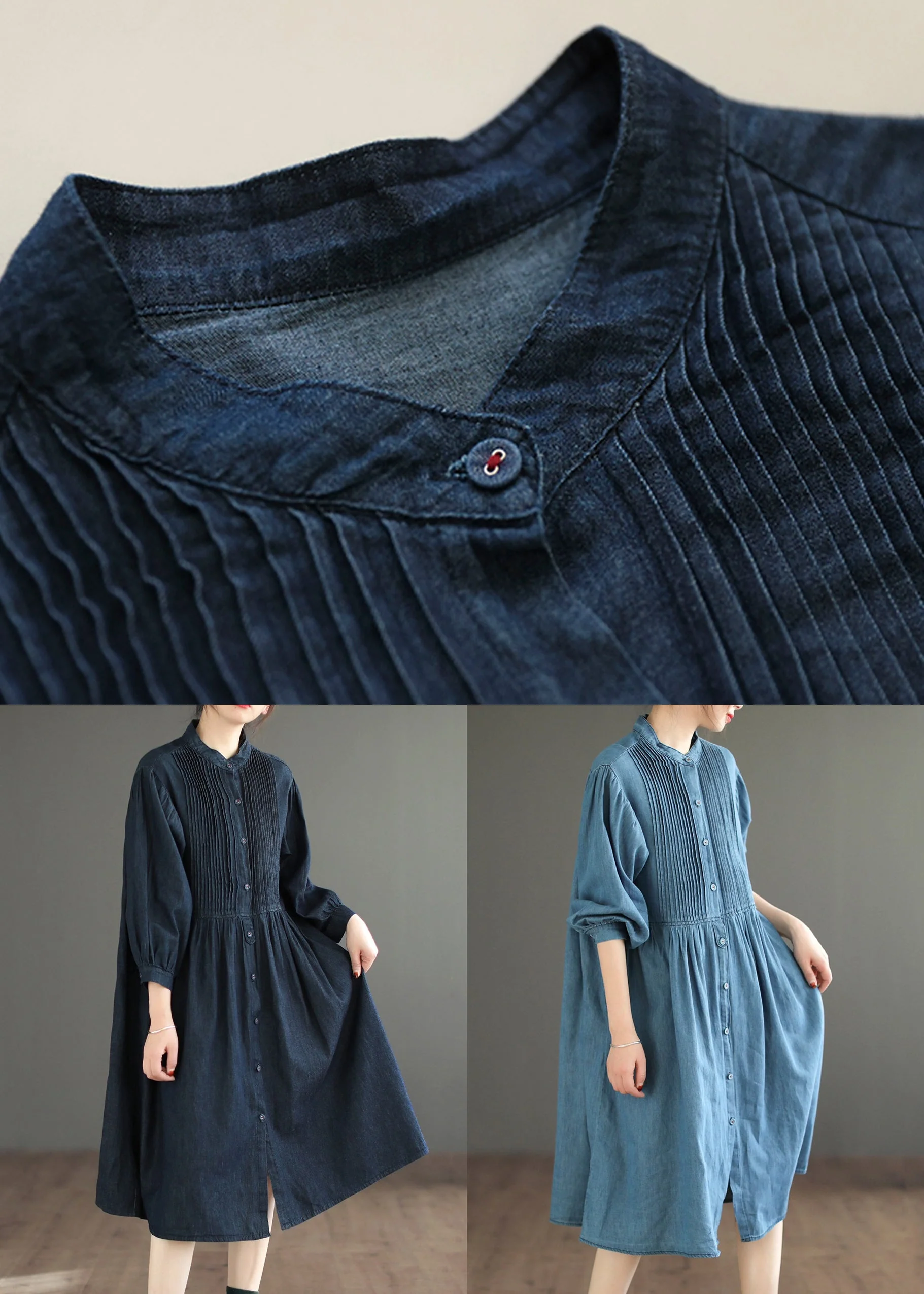 Loose Light Blue Wrinkled Button Denim Shirt Dress Spring - Image 5