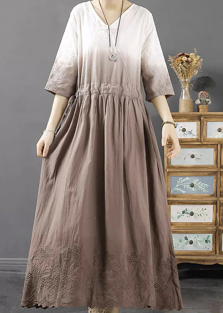 Loose Light Coffee Patchwork Drawstring Maxi Dresses Bracelet Sleeve - Image 2
