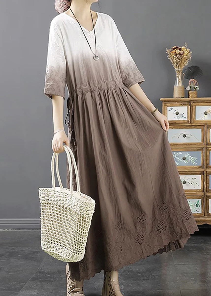 Loose Light Coffee Patchwork Drawstring Maxi Dresses Bracelet Sleeve - Image 3