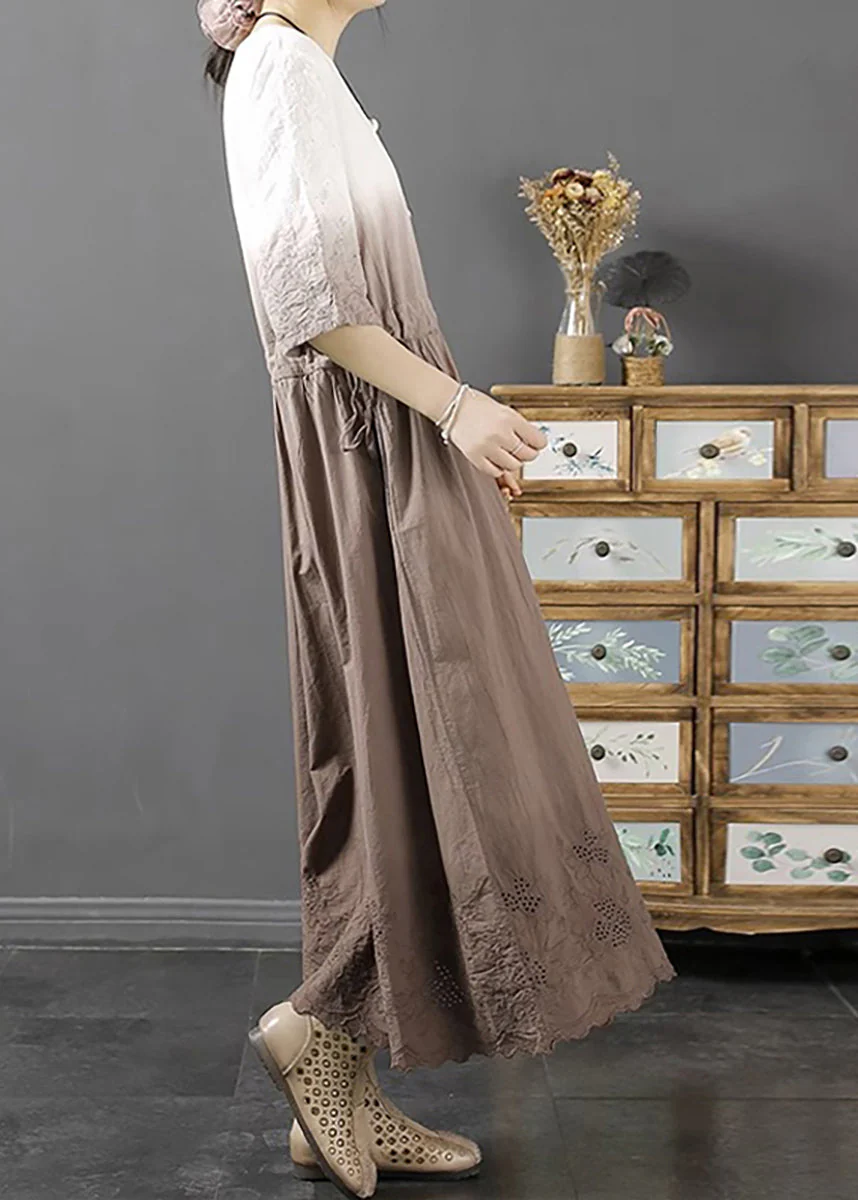 Loose Light Coffee Patchwork Drawstring Maxi Dresses Bracelet Sleeve - Image 4