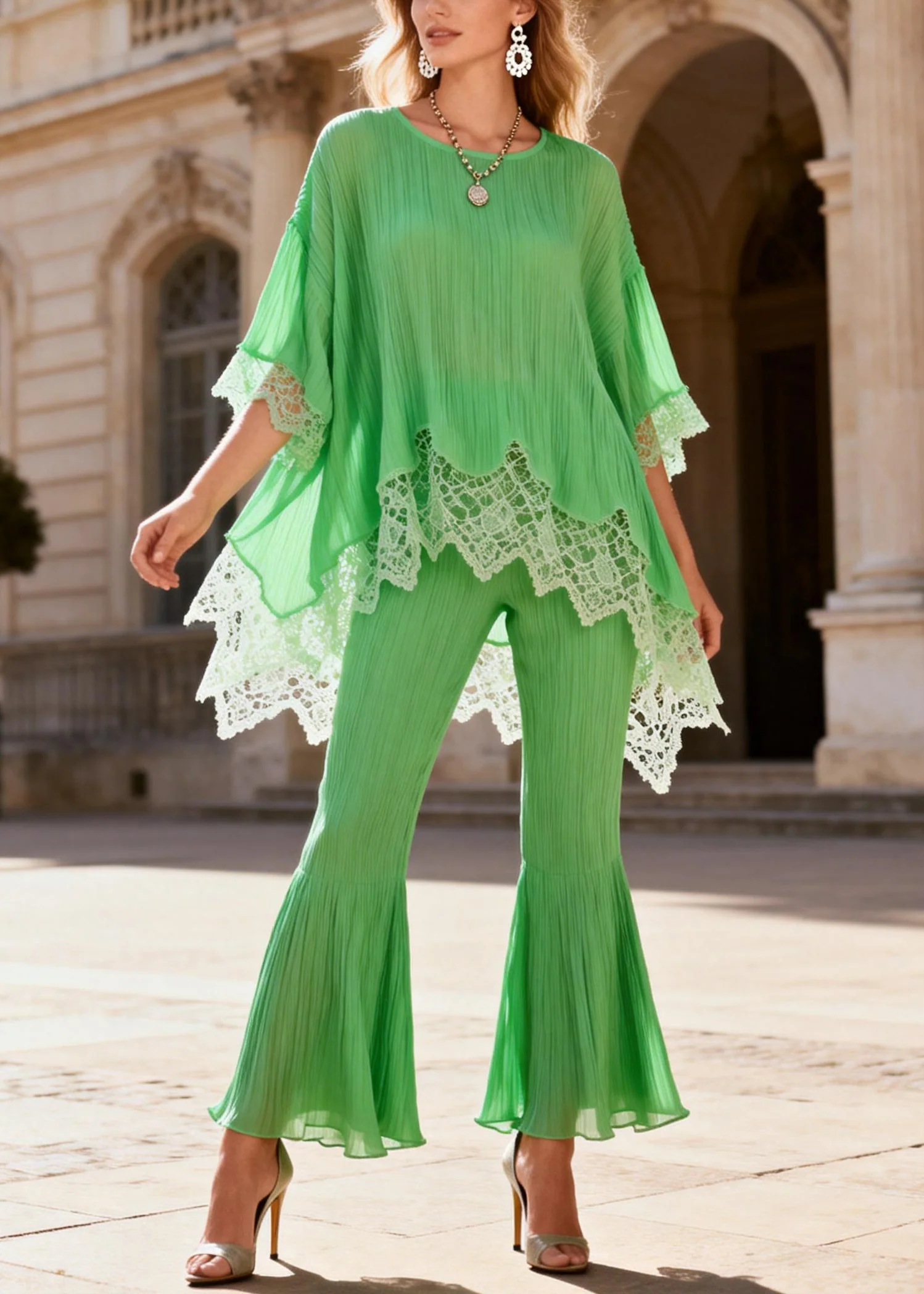 Loose Light Green Low High Design Lace Patchwork Two Piece Set Half Sleeve - Image 3