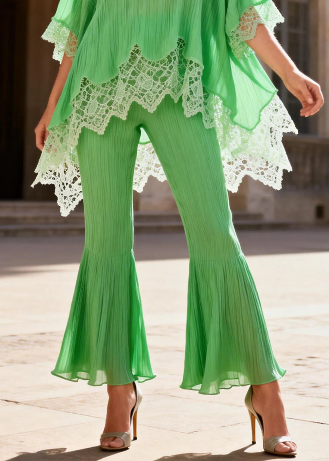 Loose Light Green Low High Design Lace Patchwork Two Piece Set Half Sleeve - Image 4