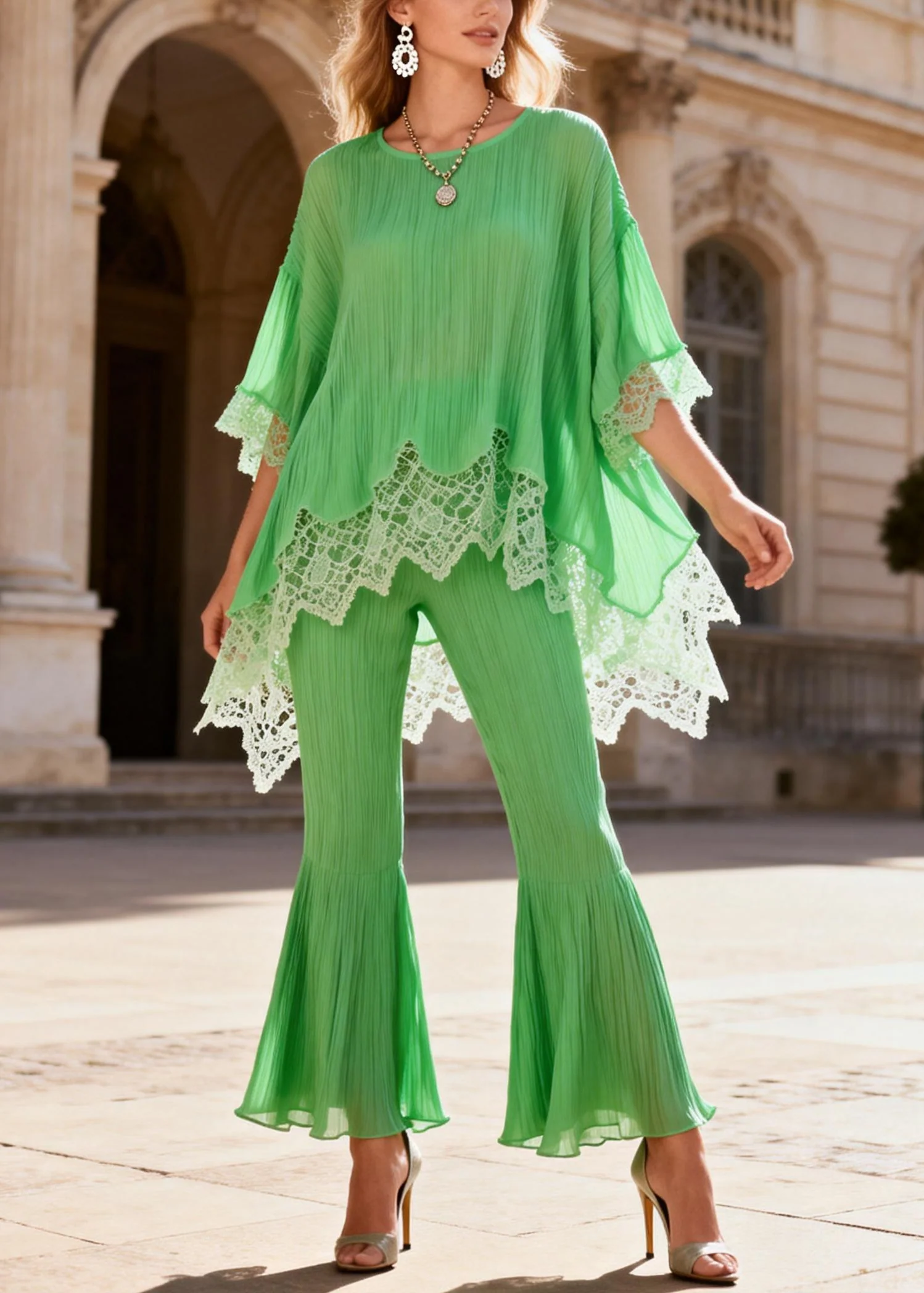 Loose Light Green Low High Design Lace Patchwork Two Piece Set Half Sleeve - Image 5