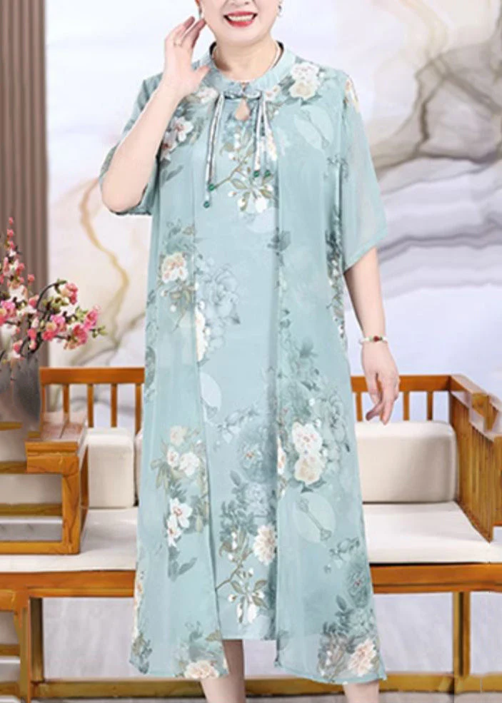 Loose Light Green Tasseled Print False Two Pieces Chiffon Dress Summer - Image 2