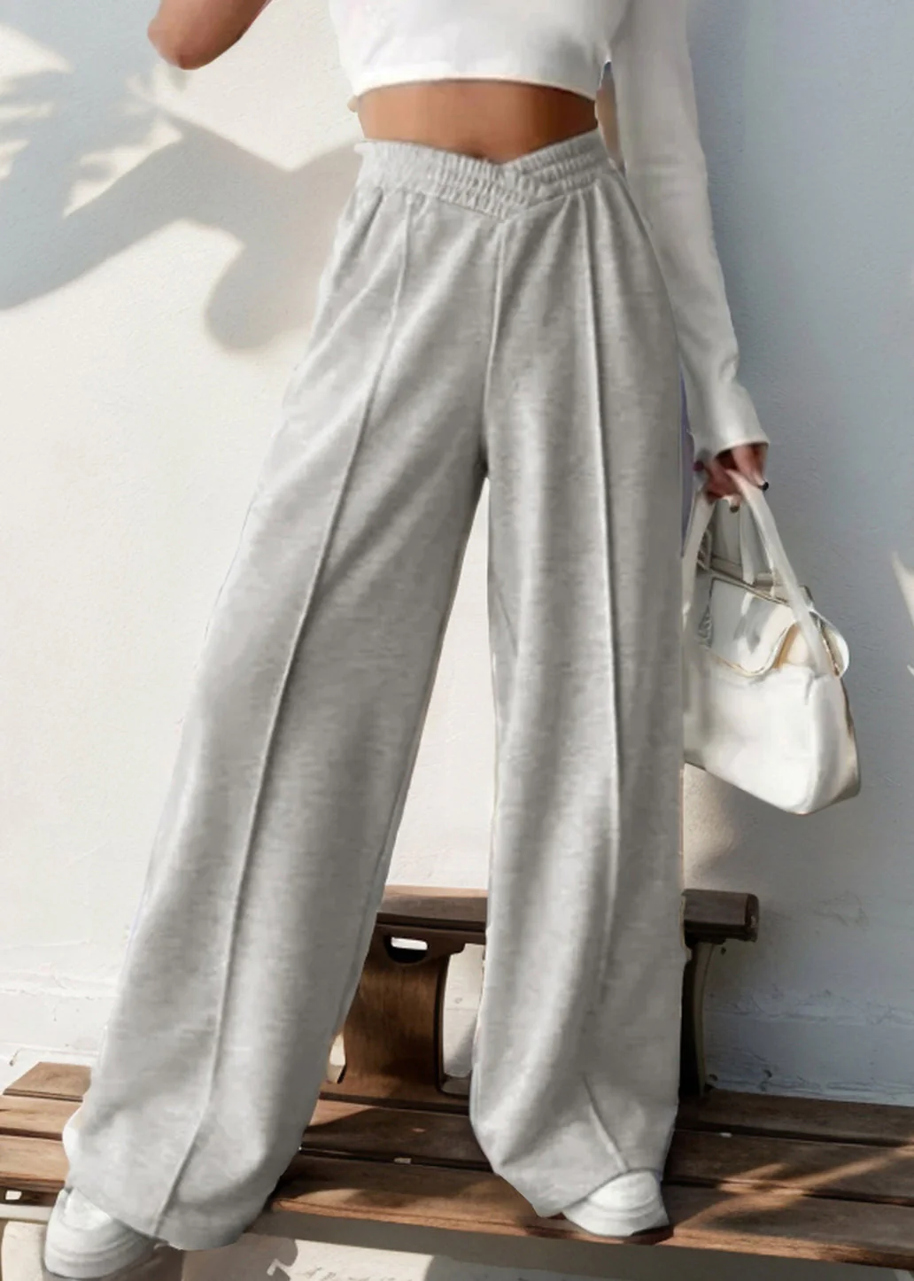 Loose Light Grey Elastic Waist Solid Cotton Pants Spring - Image 2