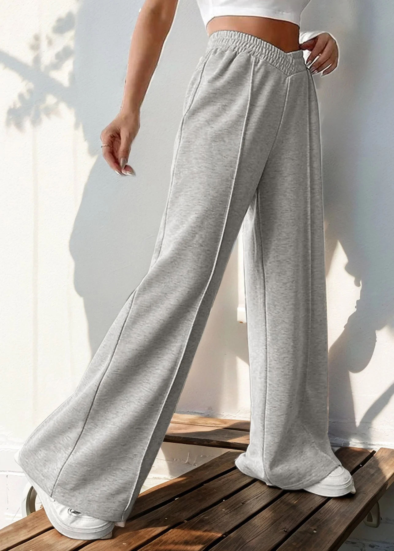 Loose Light Grey Elastic Waist Solid Cotton Pants Spring - Image 3