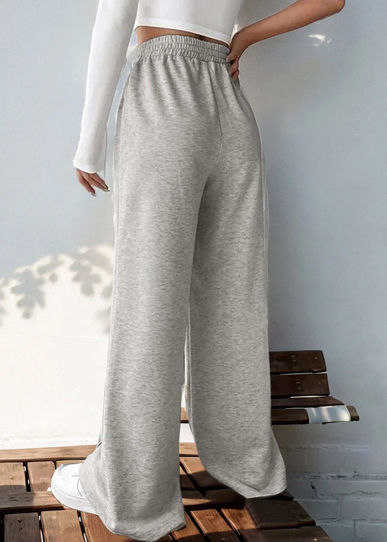 Loose Light Grey Elastic Waist Solid Cotton Pants Spring - Image 4