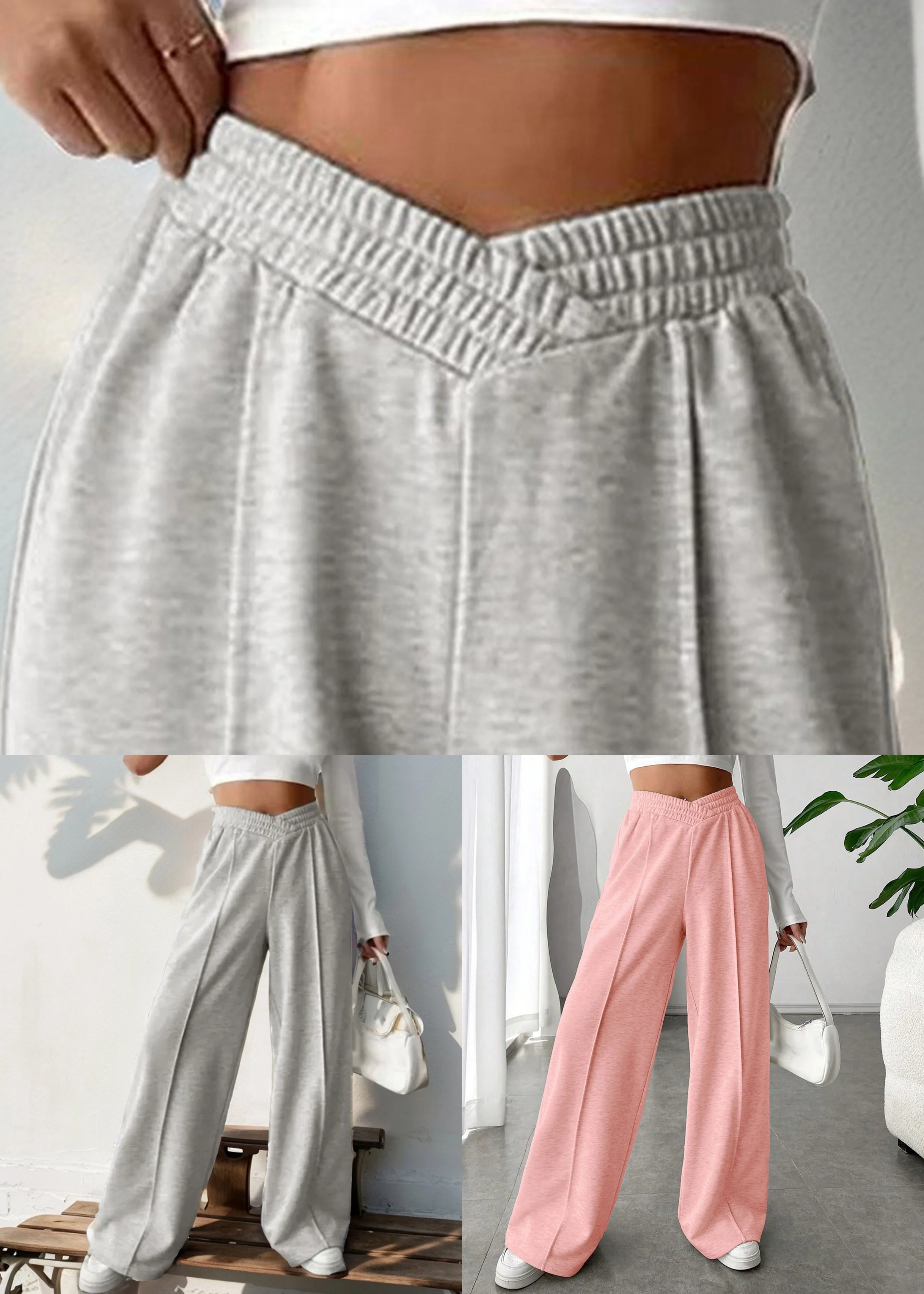 Loose Light Grey Elastic Waist Solid Cotton Pants Spring - Image 5
