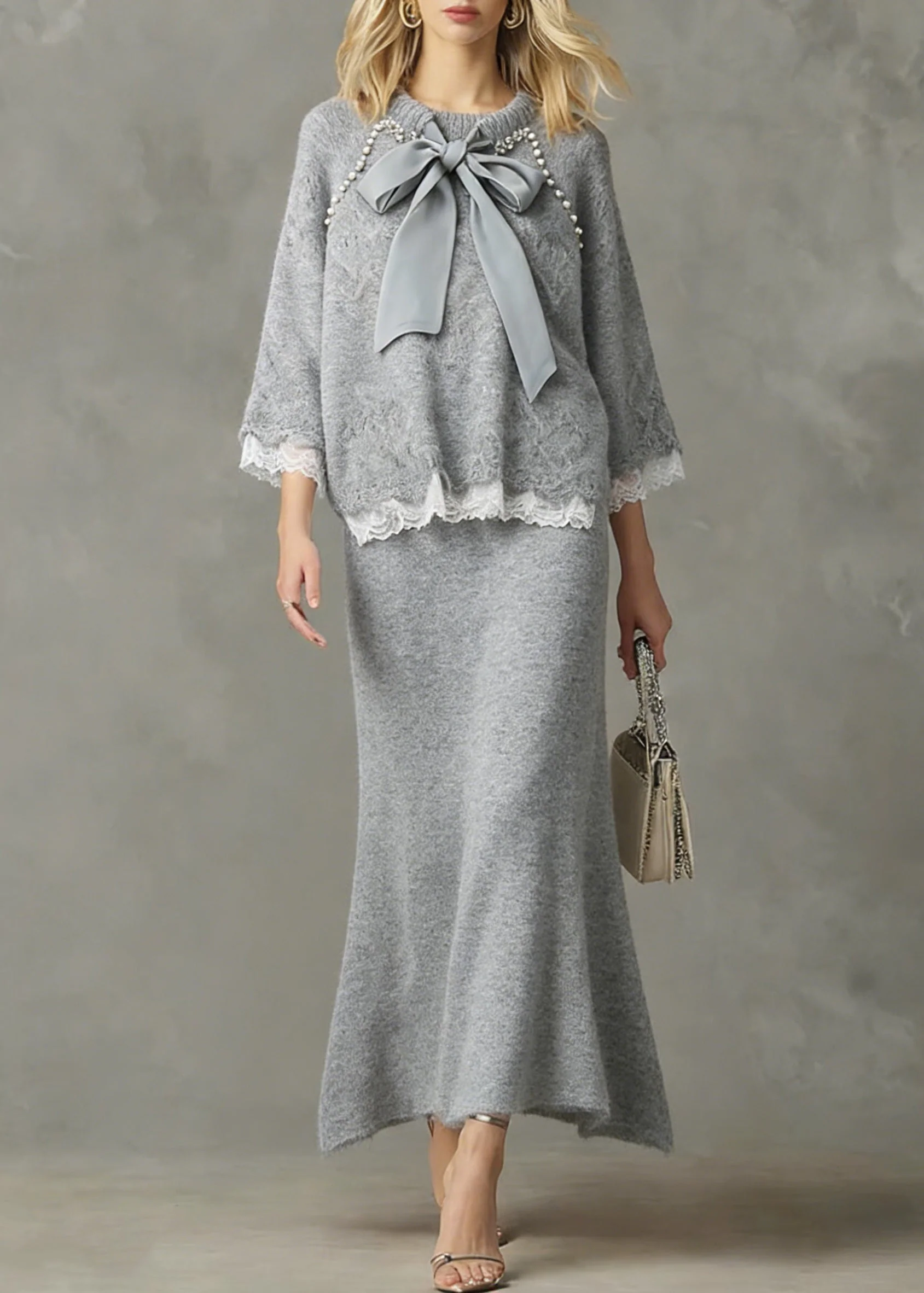 Loose Light Grey Nail Bead Lace Patchwork Knit Two Piece Set Spring - Image 3
