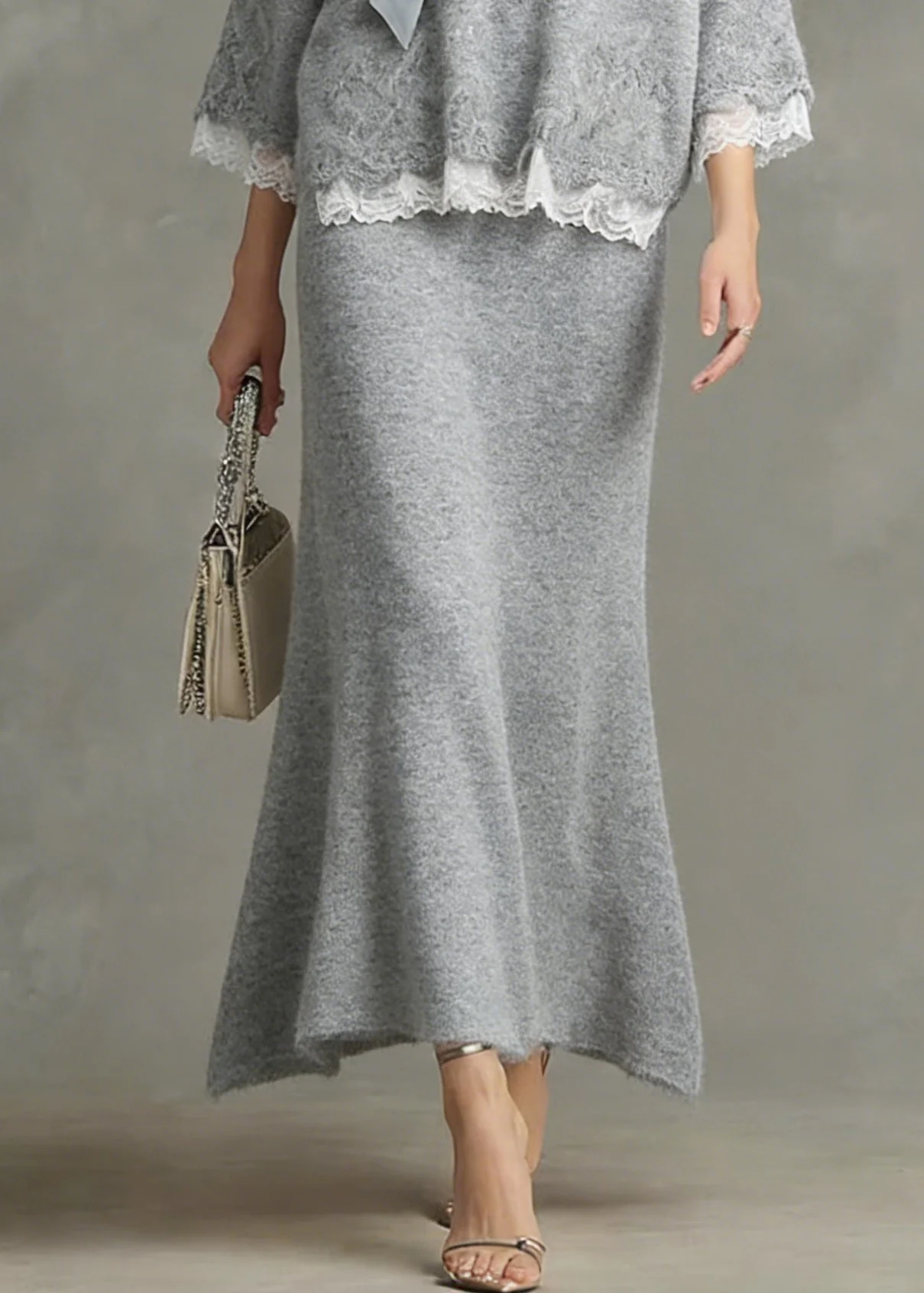 Loose Light Grey Nail Bead Lace Patchwork Knit Two Piece Set Spring - Image 4
