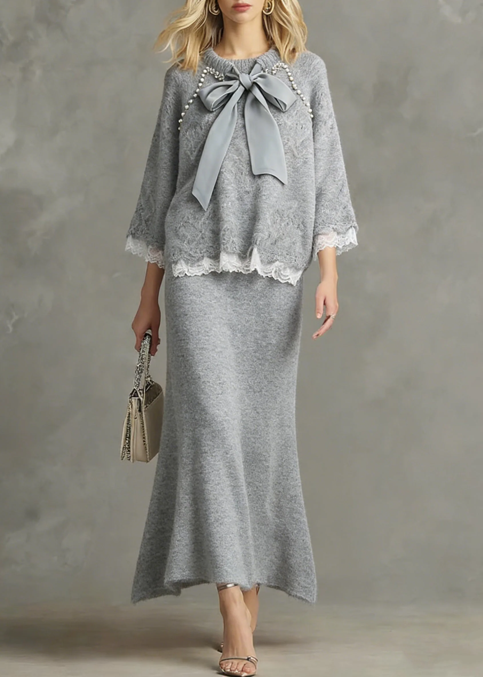 Loose Light Grey Nail Bead Lace Patchwork Knit Two Piece Set Spring - Image 5