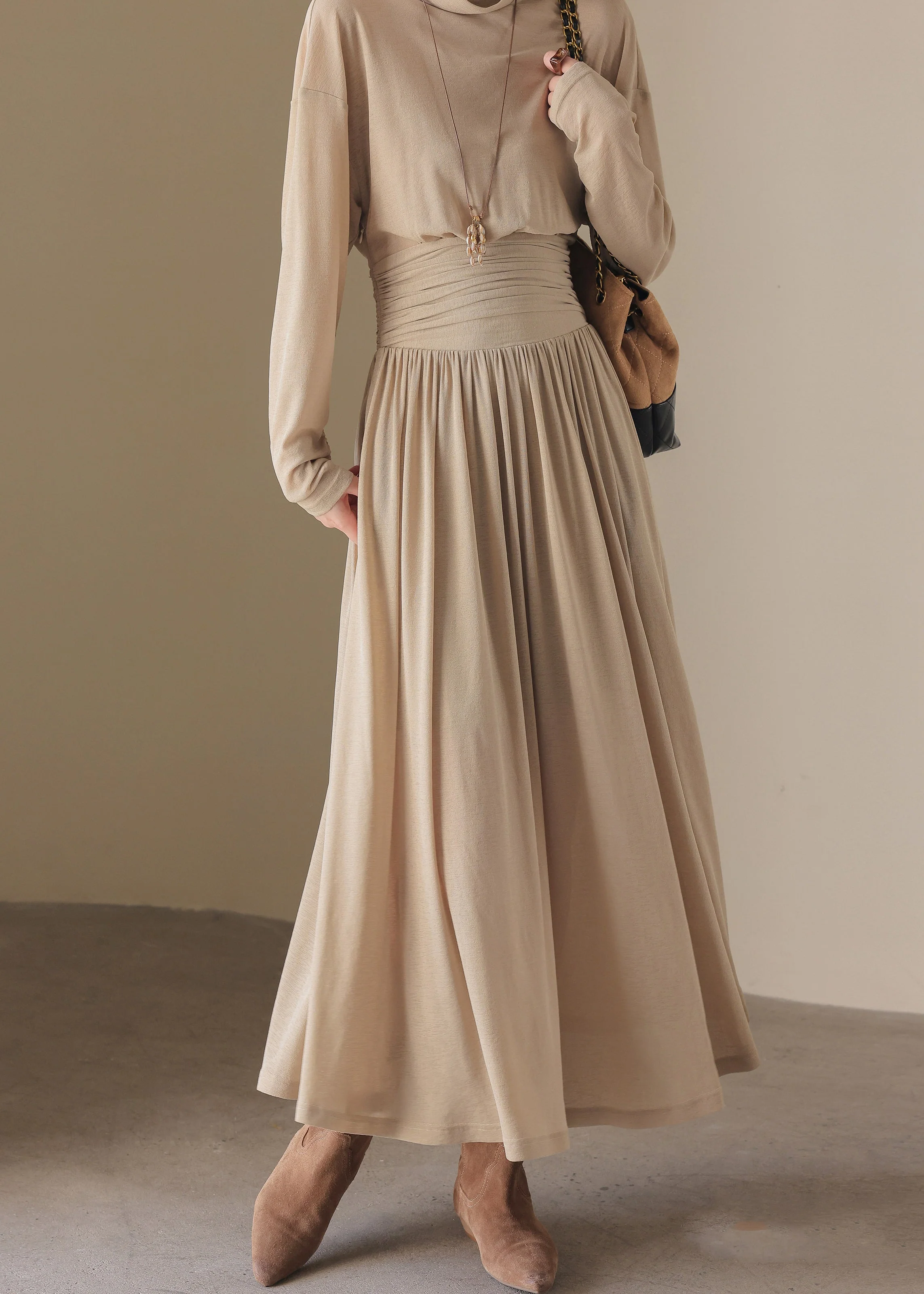 Loose Light Khaki Turtle Neck Tunic Long Dress Spring - Image 2