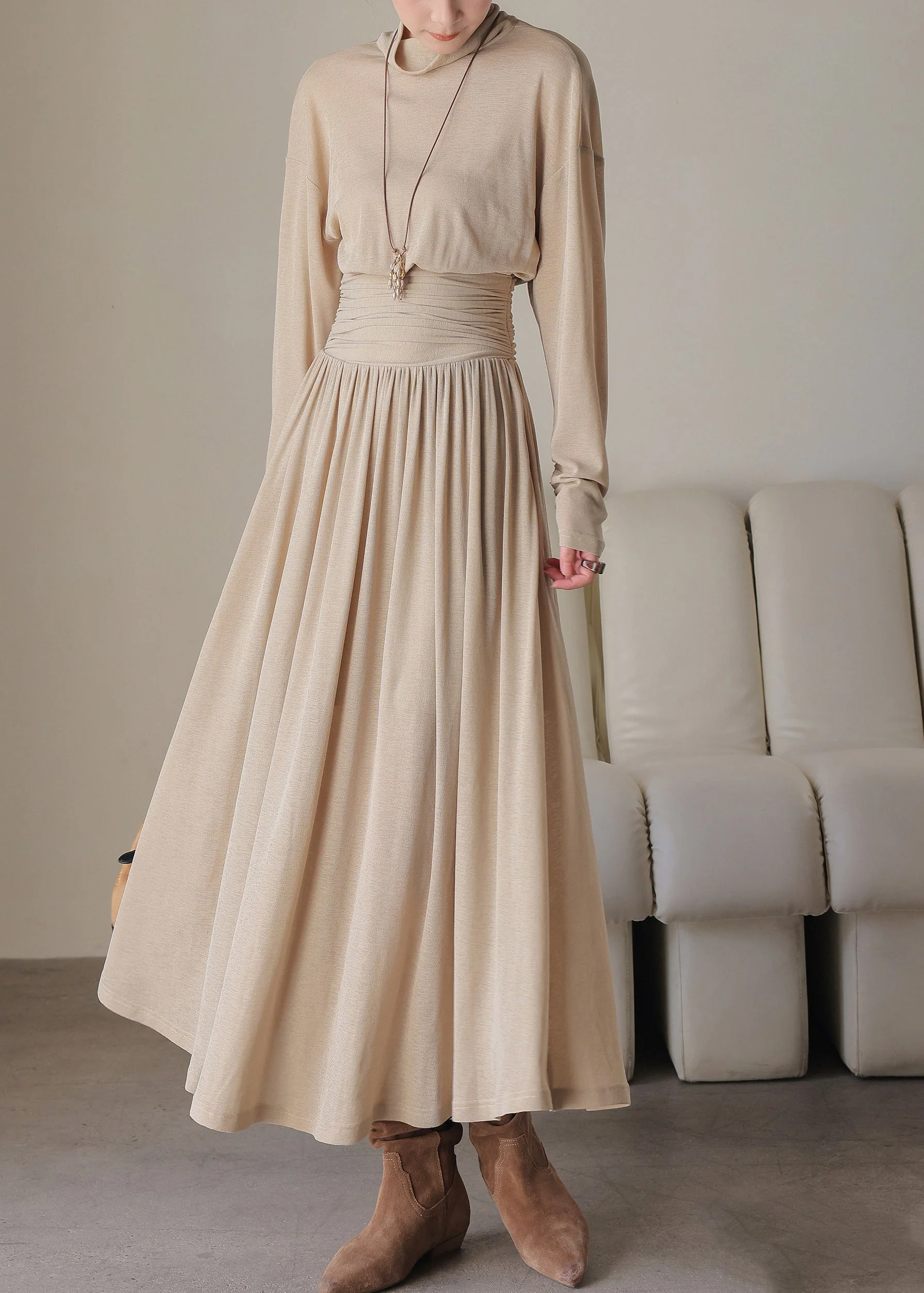 Loose Light Khaki Turtle Neck Tunic Long Dress Spring - Image 3