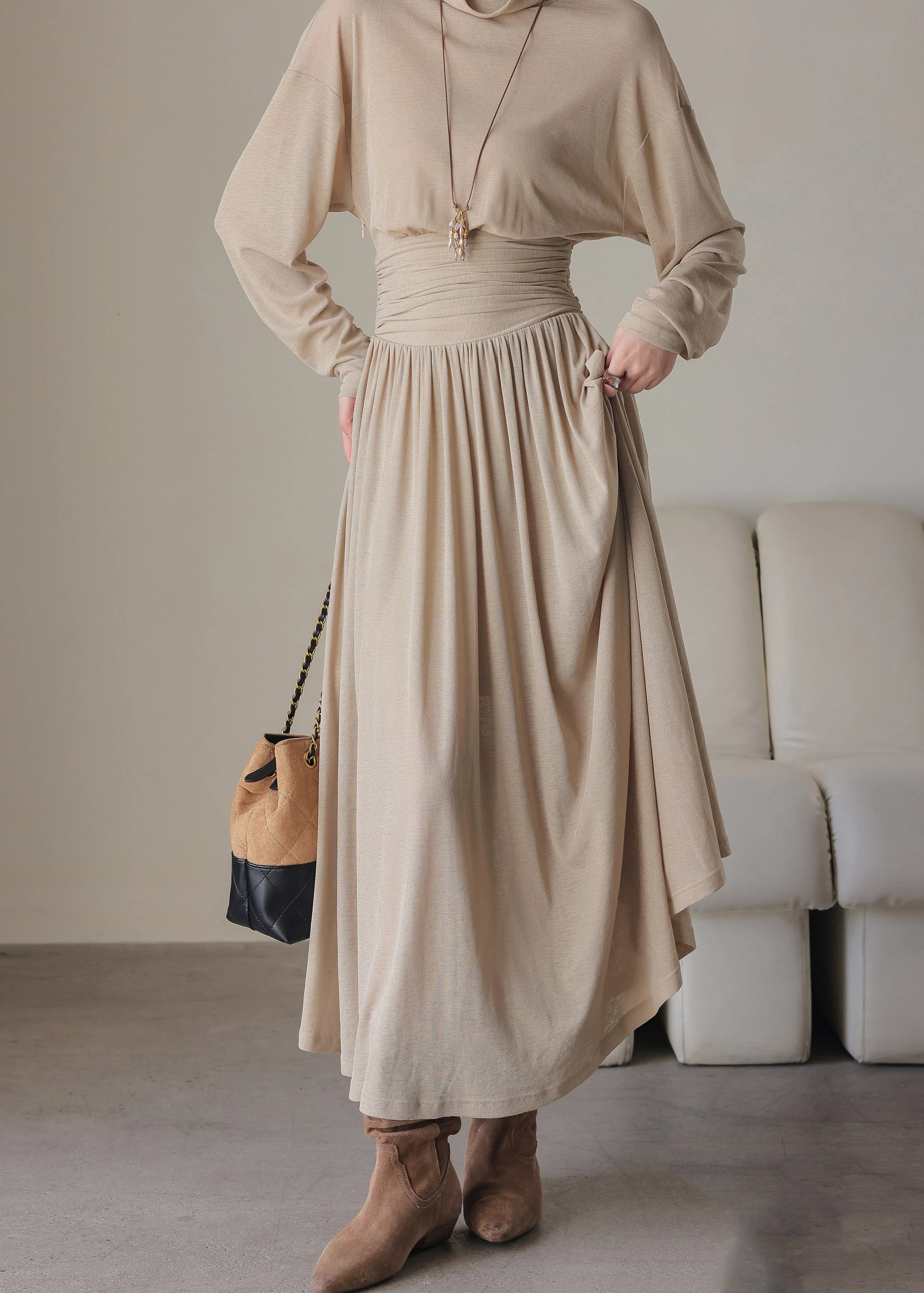 Loose Light Khaki Turtle Neck Tunic Long Dress Spring - Image 4