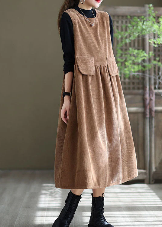 Loose Light Orange O-Neck Patchwork Corduroy Party Dress Sleeveless - Image 2