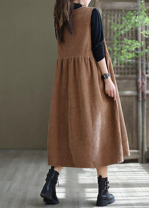 Loose Light Orange O-Neck Patchwork Corduroy Party Dress Sleeveless - Image 4