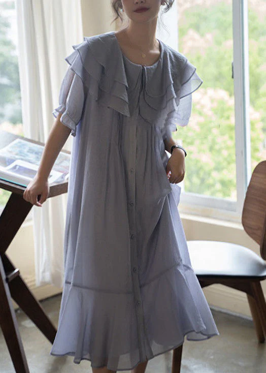 Loose Light Purple Ruffled Button Cotton Dresses Short Sleeve - Image 3