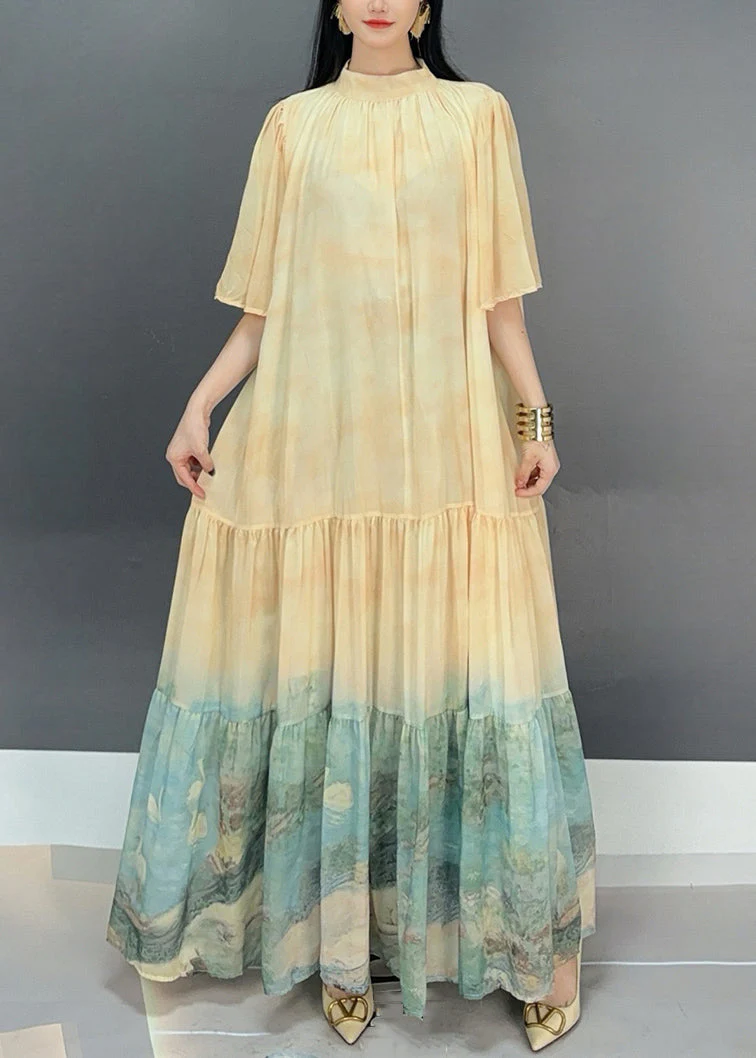 Loose Light Yellow Wrinkled Print Chiffon Long Dress Flare Sleeve - Image 2