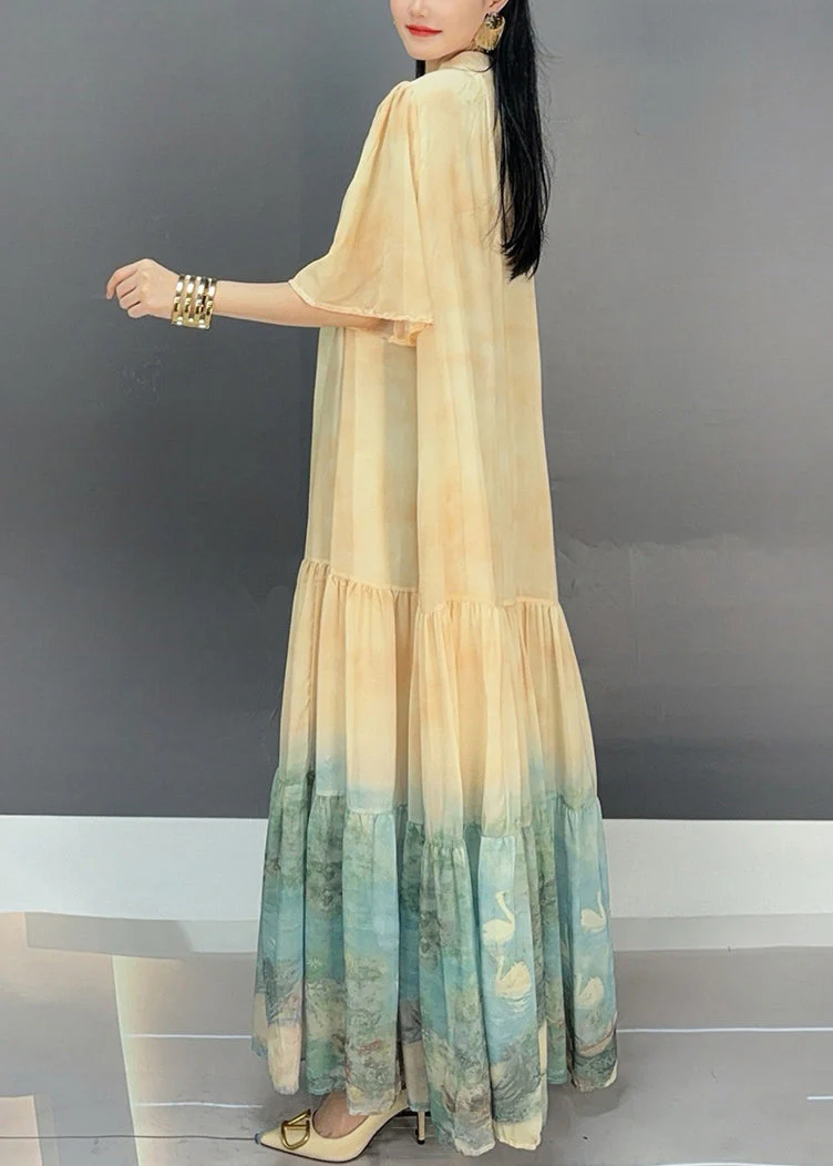 Loose Light Yellow Wrinkled Print Chiffon Long Dress Flare Sleeve - Image 4
