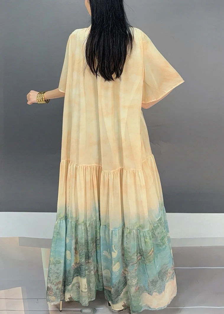Loose Light Yellow Wrinkled Print Chiffon Long Dress Flare Sleeve - Image 5
